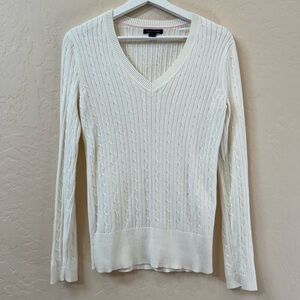 Tommy Hilfiger White Cable Knit Classic V-Neck Pullover